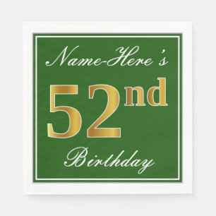 Elegant Green, Faux Gold 52nd Birthday + Name Napkin