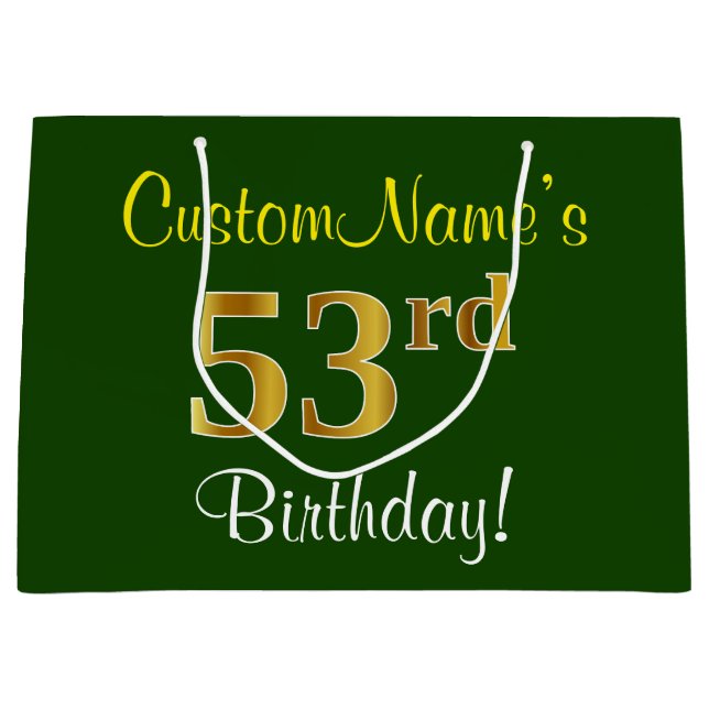 Elegant, Green, Faux Gold 53rd Birthday + Name Large Gift Bag (Front)