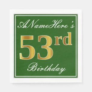 Elegant Green, Faux Gold 53rd Birthday + Name Napkin