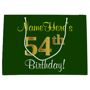 Elegant, Green, Faux Gold 54th Birthday + Name Large Gift Bag