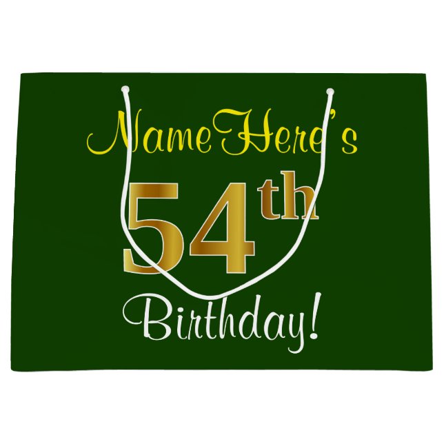 Elegant, Green, Faux Gold 54th Birthday + Name Large Gift Bag (Front)