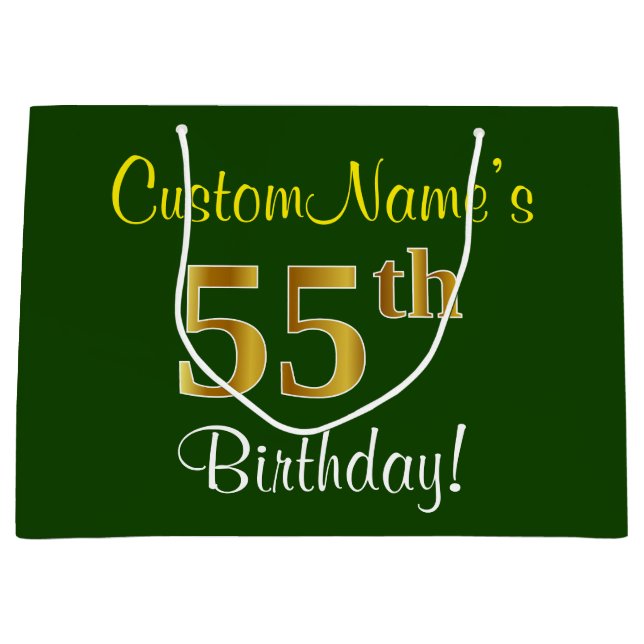 Elegant, Green, Faux Gold 55th Birthday + Name Large Gift Bag (Front)