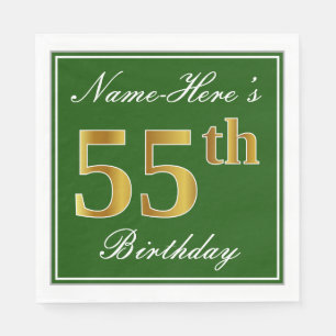 Elegant Green, Faux Gold 55th Birthday + Name Napkin
