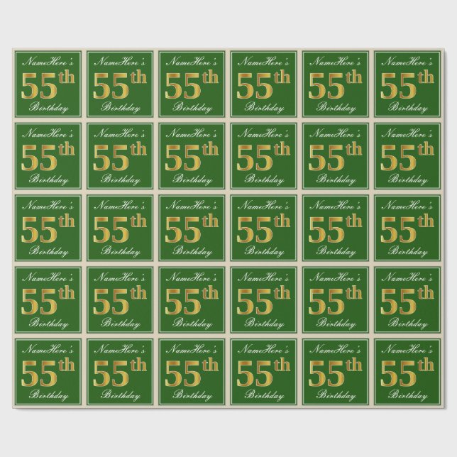 Elegant, Green, Faux Gold 55th Birthday + Name Wrapping Paper (Flat)