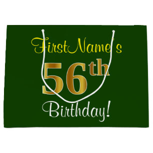 Elegant, Green, Faux Gold 56th Birthday + Name Large Gift Bag