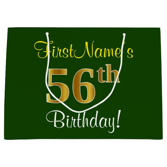 Elegant, Green, Faux Gold 56th Birthday + Name Large Gift Bag (Front)