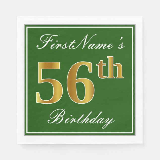Elegant Green, Faux Gold 56th Birthday + Name Napkin (Front)