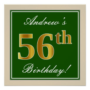 Elegant, Green, Faux Gold 56th Birthday + Name Poster
