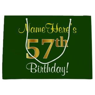 Elegant, Green, Faux Gold 57th Birthday + Name Large Gift Bag