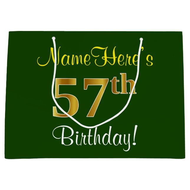 Elegant, Green, Faux Gold 57th Birthday + Name Large Gift Bag (Front)