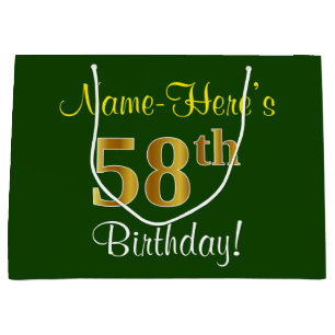 Elegant, Green, Faux Gold 58th Birthday + Name Large Gift Bag