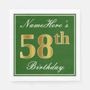 Elegant Green, Faux Gold 58th Birthday + Name Napkin