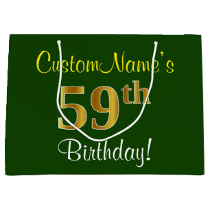 Elegant, Green, Faux Gold 59th Birthday + Name Large Gift Bag