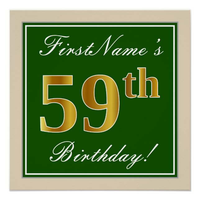 Elegant, Green, Faux Gold 59th Birthday + Name Poster (Front)