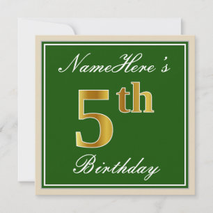 Elegant, Green, Faux Gold 5th Birthday + Name Invitation