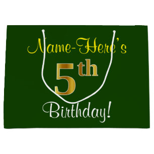 Elegant, Green, Faux Gold 5th Birthday + Name Large Gift Bag
