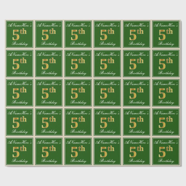 Elegant, Green, Faux Gold 5th Birthday + Name Wrapping Paper (Flat)