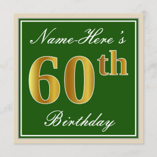 Elegant, Green, Faux Gold 60th Birthday + Name Invitation