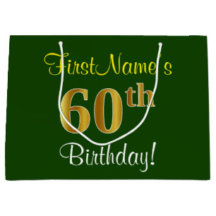 Elegant, Green, Faux Gold 60th Birthday + Name Large Gift Bag