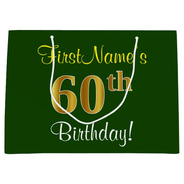 Elegant, Green, Faux Gold 60th Birthday + Name Large Gift Bag (Front)