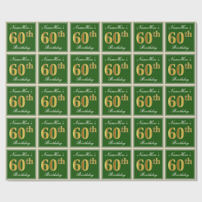 Elegant, Green, Faux Gold 60th Birthday + Name Wrapping Paper (Flat)
