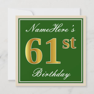 Elegant, Green, Faux Gold 61st Birthday + Name Invitation