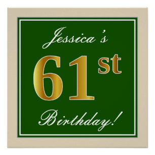 Elegant, Green, Faux Gold 61st Birthday + Name Poster