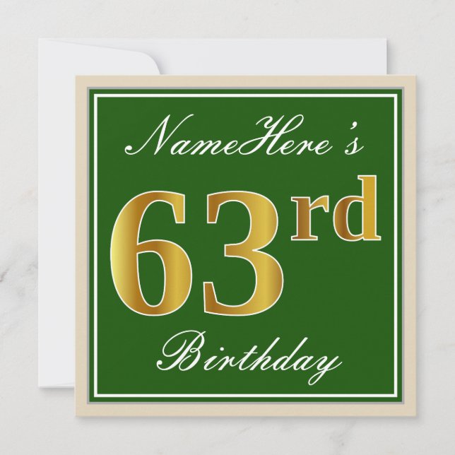 Elegant, Green, Faux Gold 63rd Birthday + Name Invitation (Front)