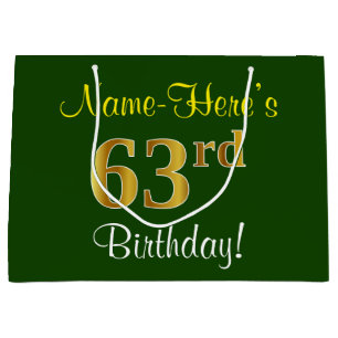 Elegant, Green, Faux Gold 63rd Birthday + Name Large Gift Bag