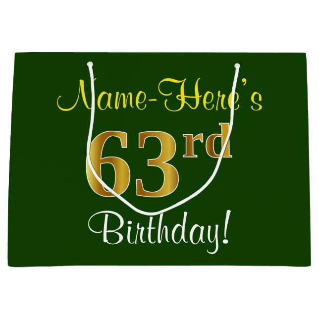 Elegant, Green, Faux Gold 63rd Birthday + Name Large Gift Bag (Front)