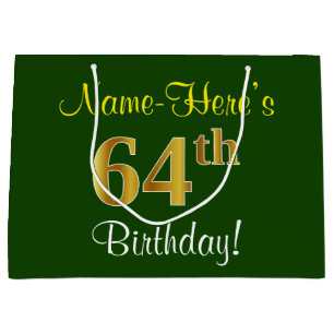 Elegant, Green, Faux Gold 64th Birthday + Name Large Gift Bag