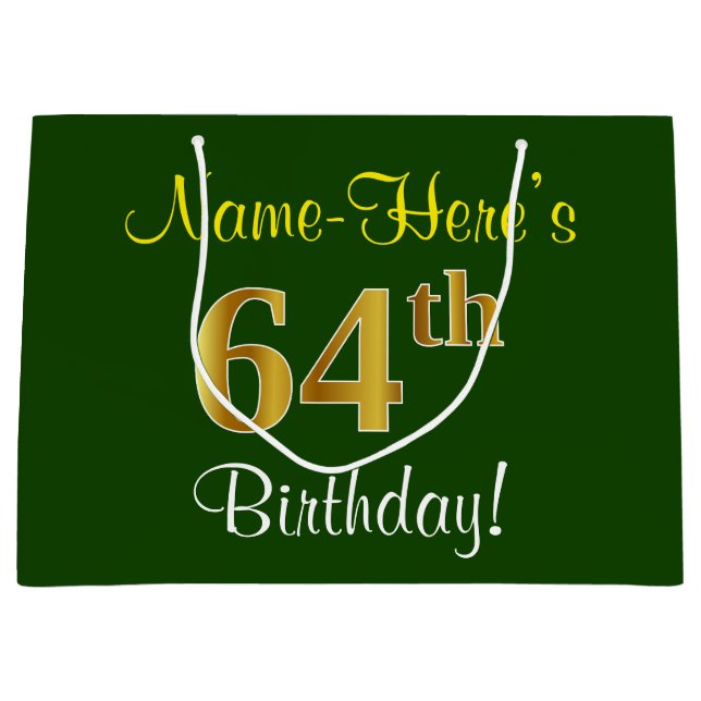 Elegant, Green, Faux Gold 64th Birthday + Name Large Gift Bag (Front)