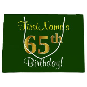 Elegant, Green, Faux Gold 65th Birthday + Name Large Gift Bag