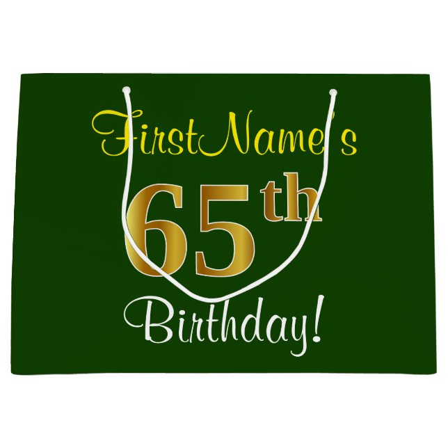 Elegant, Green, Faux Gold 65th Birthday + Name Large Gift Bag (Front)