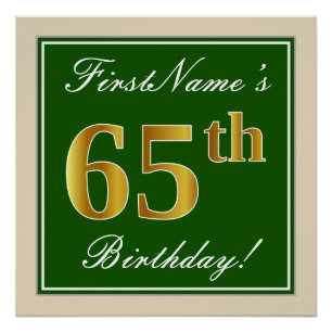 Elegant, Green, Faux Gold 65th Birthday + Name Poster