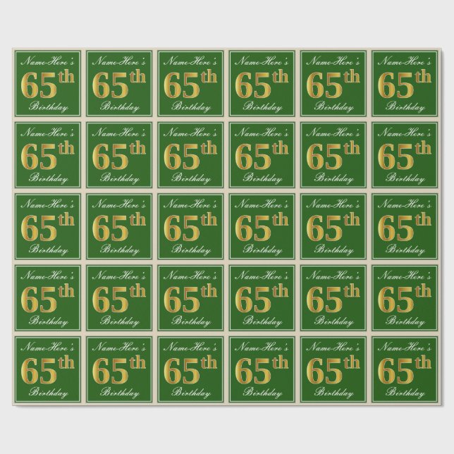 Elegant, Green, Faux Gold 65th Birthday + Name Wrapping Paper (Flat)
