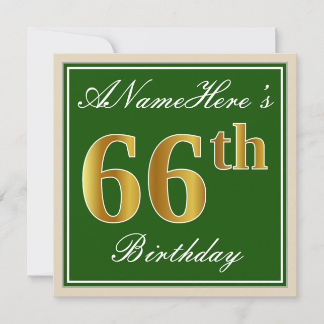 Elegant, Green, Faux Gold 66th Birthday + Name Invitation (Front)