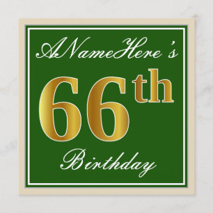 Elegant, Green, Faux Gold 66th Birthday + Name Invitation