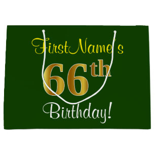 Elegant, Green, Faux Gold 66th Birthday + Name Large Gift Bag