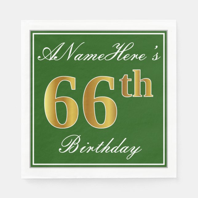 Elegant Green, Faux Gold 66th Birthday + Name Napkin (Front)