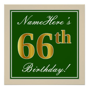 Elegant, Green, Faux Gold 66th Birthday + Name Poster