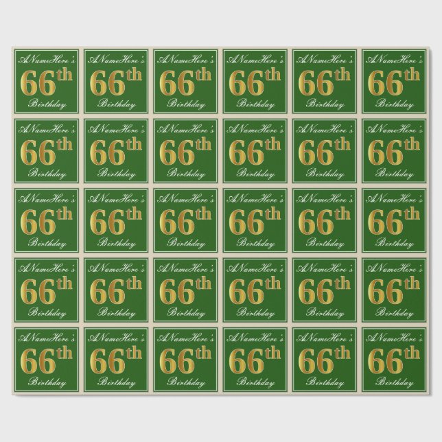 Elegant, Green, Faux Gold 66th Birthday + Name Wrapping Paper (Flat)