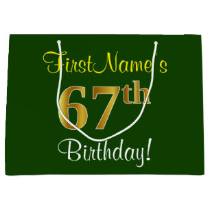 Elegant, Green, Faux Gold 67th Birthday + Name Large Gift Bag