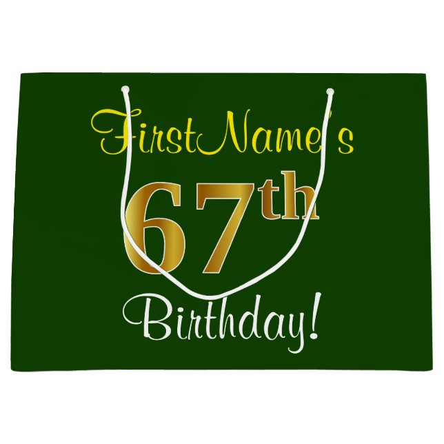 Elegant, Green, Faux Gold 67th Birthday + Name Large Gift Bag (Front)