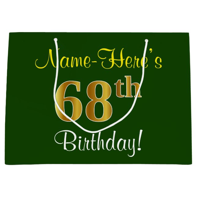 Elegant, Green, Faux Gold 68th Birthday + Name Large Gift Bag (Front)