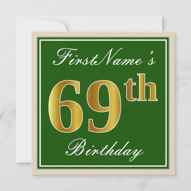 Elegant, Green, Faux Gold 69th Birthday + Name Invitation (Front)