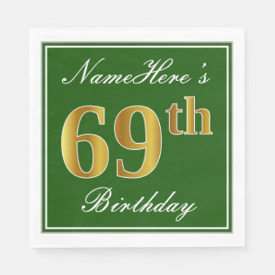 Elegant Green, Faux Gold 69th Birthday + Name Napkin