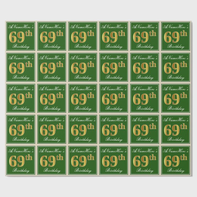 Elegant, Green, Faux Gold 69th Birthday + Name Wrapping Paper (Flat)