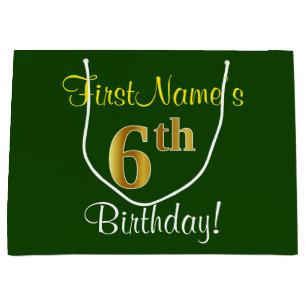 Elegant, Green, Faux Gold 6th Birthday + Name Large Gift Bag