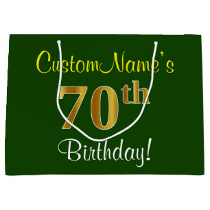 Elegant, Green, Faux Gold 70th Birthday + Name Large Gift Bag